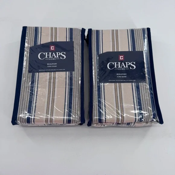 Chaps Beauport Euro Sham Set of 2 Indigo Blue Cream Ticking‎ Stripe 26x26 Cotton