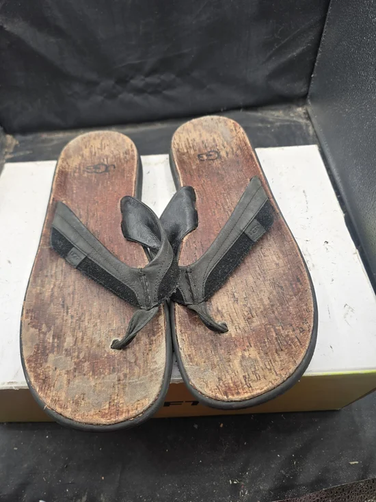 UGG Black Leather Strap Flip Flops with Wood-Effect Footbed