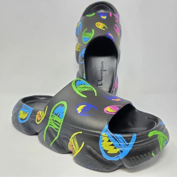 NWOT Champion Meloso Squish Multicolor Comic Print Slides