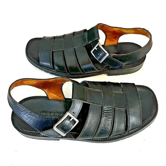 Vintage Bally Giardinetto Mens Black‎ Leather Fisherman Sandals Made in Italy 11