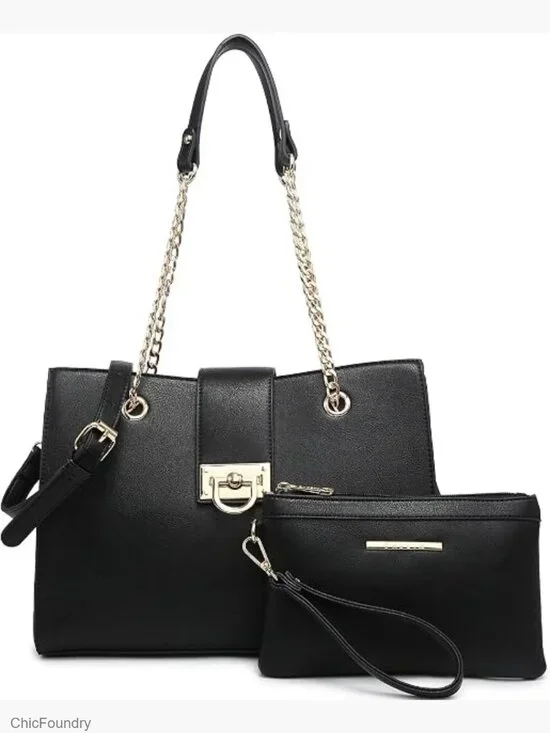 Faux Leather Satchel Tote Hobo Bag with Matching Clutch