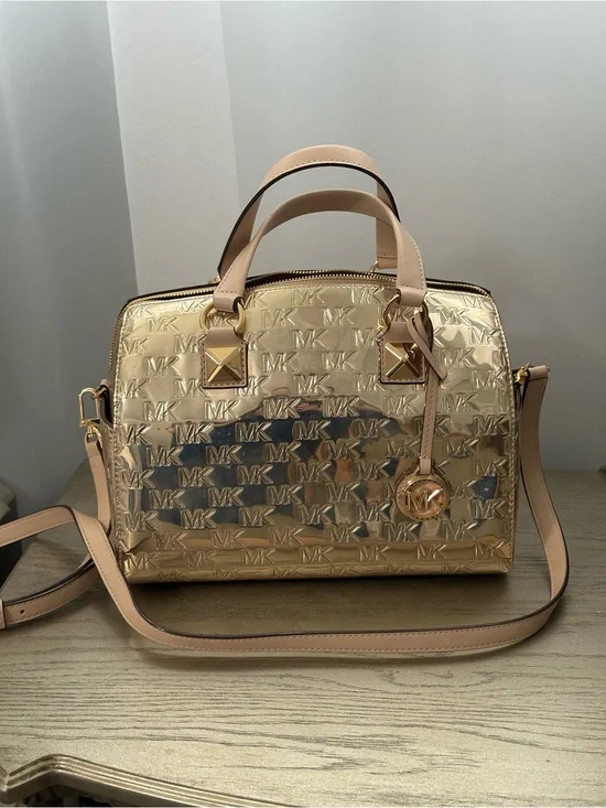Michael Kors Gold Logo Satchel with Nude Trim