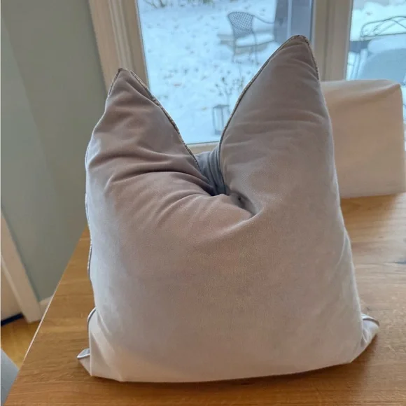 Soft grey velvet square 20” throw feather pillow with removable cover