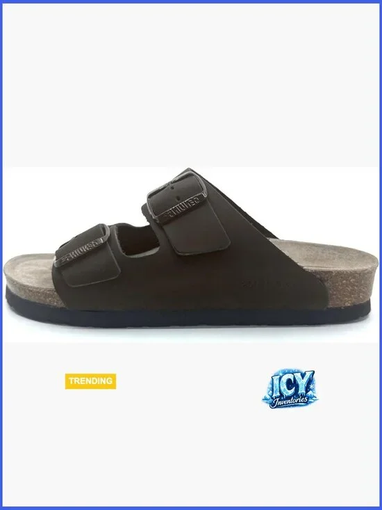 Oiled Leather Sandals Cork Footbed EVA Sole Adjustable Buckle Strap Slip On