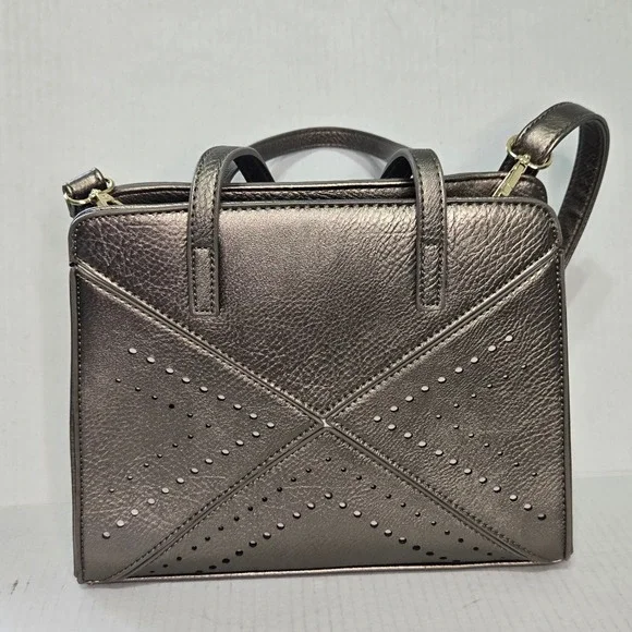 Metallic Pewter Perforated Leather Satchel Crossbody Bag Gunmetal Gray Gold Zip