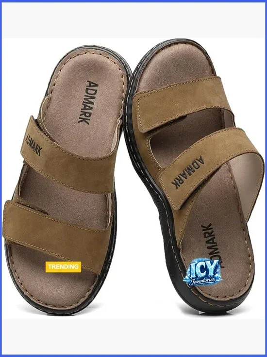 Men's Full-Grain Leather Slide Sandals Adjustable Strap Arch Support Memory