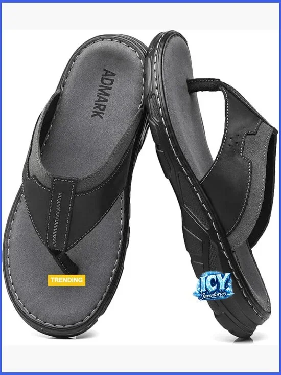 Men's Leather Flip Flops, Arch Support Memory Foam Thong Sandals