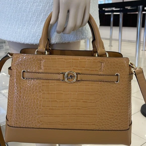 MICHAEL KORS Reed Lg Leather Belted Satchel Crossbody Handbag CZ Deer Crocodile