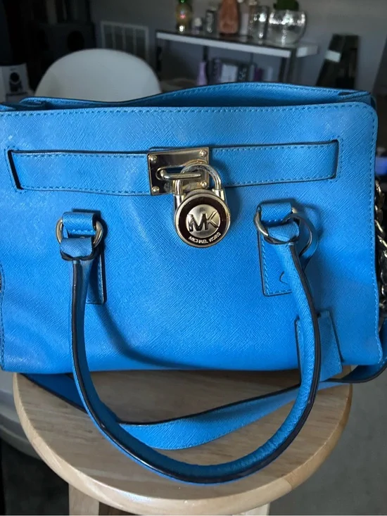 Michael Kors Bright Blue Saffiano Satchel with Gold Hardware
