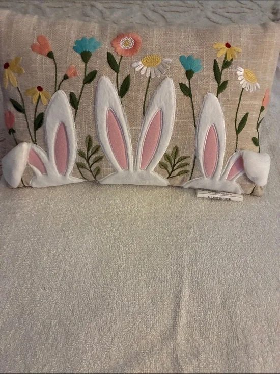 Pre-owned “Bunny Lumbar” Embroidered Bunny Ears Decorative Pillow-Pink & White