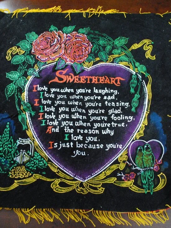 Vintage Sweetheart Poem Painted Black Pillow Case made in Japan 1950s