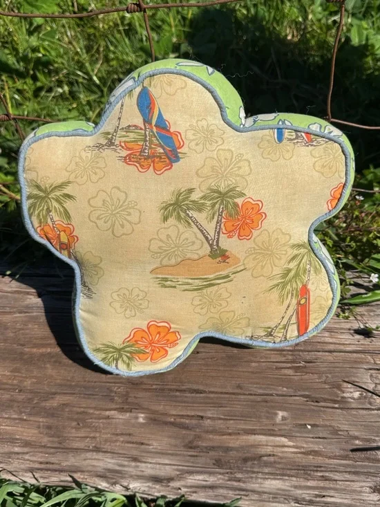 Retro hibiscus shaped embroidered round pillow Aloha Hawaii