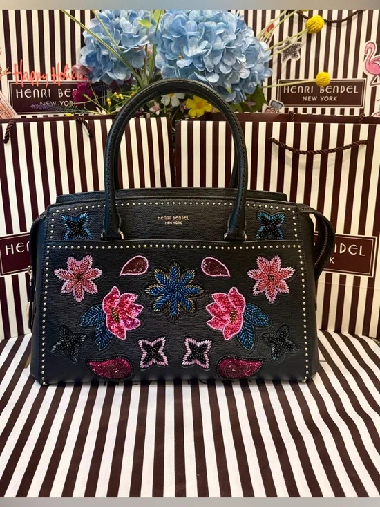 HENRI BENDEL West 57th Embellished Floral Appliqué Satchel w/dusty-shopping bag