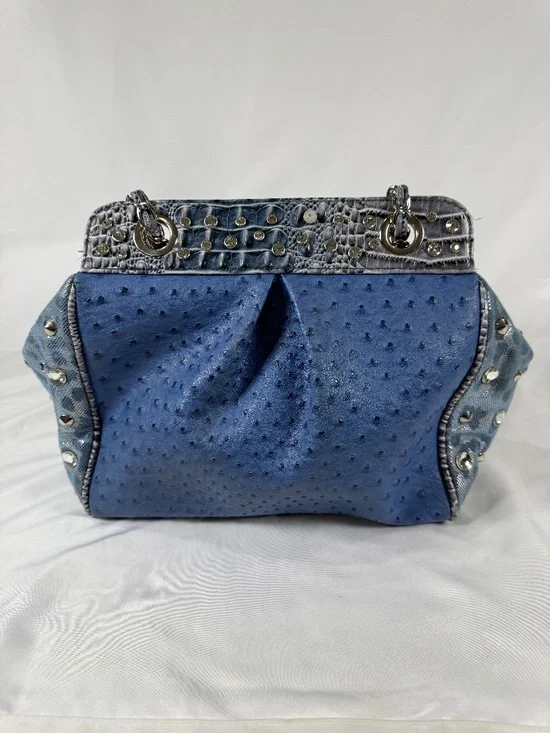 Blue Faux Ostrich Studded Chain Shoulder Bag Y2K Western Glam