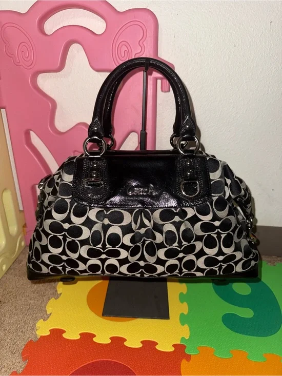 Coach Black and Ivory Logo Satchel with Patent Trim