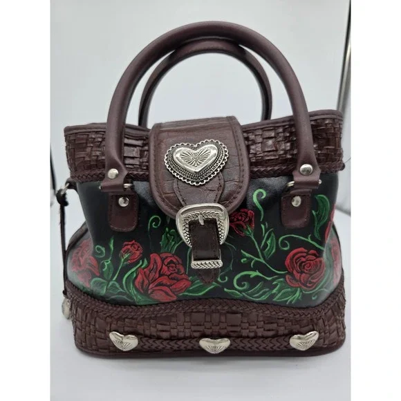 Vintage Black Brown Roses Handpainted Satchel Bag  Upcrafted Braided Woven Heart