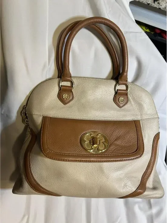 Emma Fox Leather Satchel Cream Tan‎ Turn Lock Top Handle Shoulder Bag
