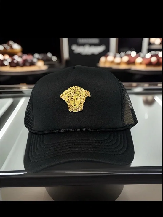 Black Trucker Cap with Gold Medusa Emblem - Men Grooming Accessory new