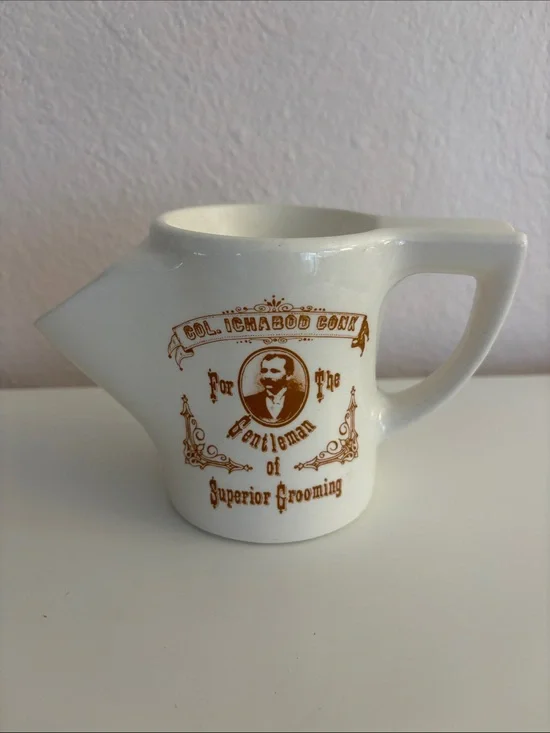 White Ceramic Shaving Mug - Brown Print