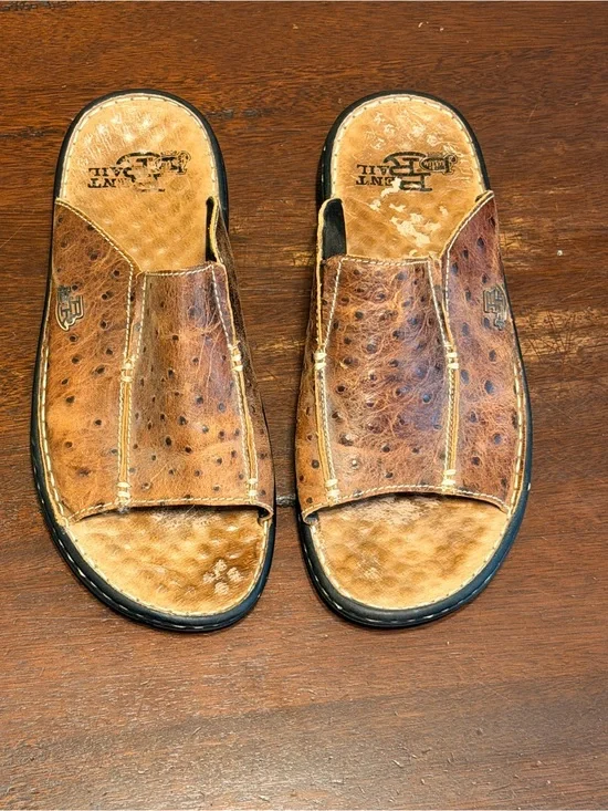 Justin Bent Rail Ostrich Print Leather Slide Sandals Brown Western | Size: 12M
