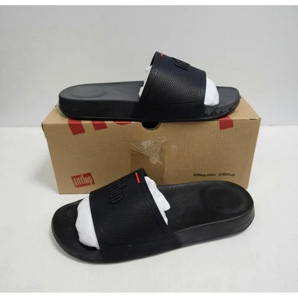 FitFlop iQushion Slides All Black Rubber Sandals DG8-090-050 Mens 7 Womens 9