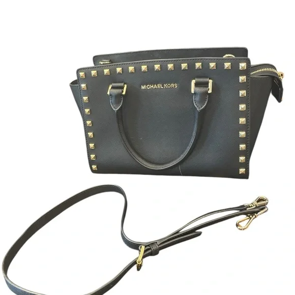 Michael Kors Black Studded Saffiano Leather‎ Satchel Crossbody Medium Purse Bag
