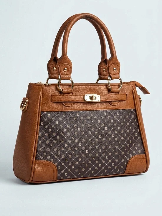 The Danbury Mint Monogram Structured Satchel Brown Faux Leather Top Handle Cross