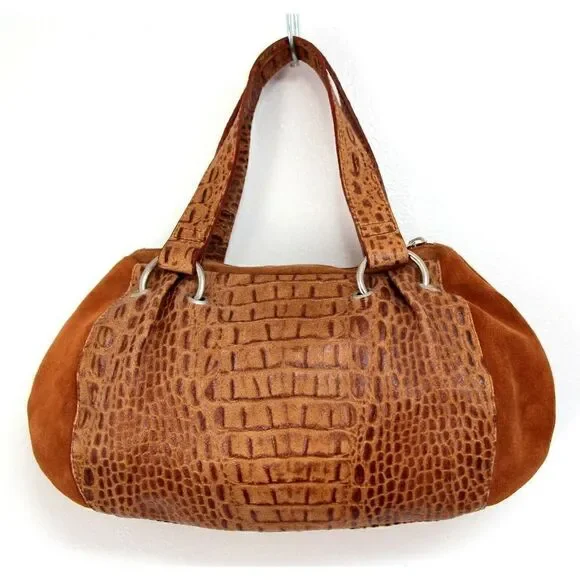 CB Pelletterie BROWN CROCO EMBOSSED GENUINE LEATHER ZIP TOP SMALL HANDBAG PURSE