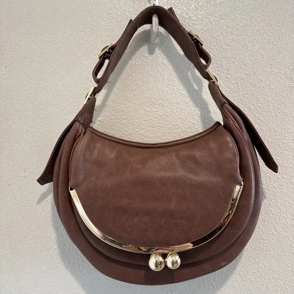 Vtg Y2K Bulga Brown Leather Kisslock Shoulder Bag Purse Satchel Buckle Details‎