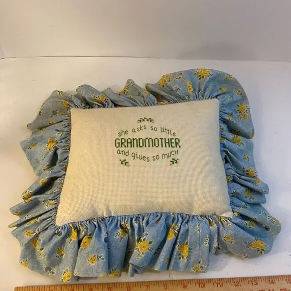 Vintage‎ cross stitch pillow “Grandmother” 16x13 blue yellow country cottage