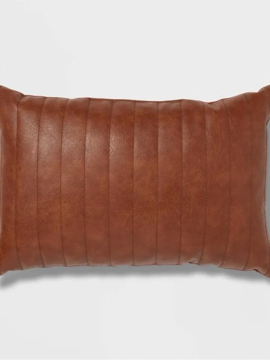 Oblong Faux Leather Channel Stitch Decorative Throw Pillow Cognac - Threshold™