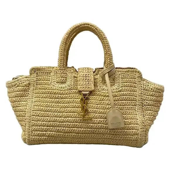 Saint Laurent PARIS Baby Downtown Cavas Handbag 436834 Beige Cream Raffia