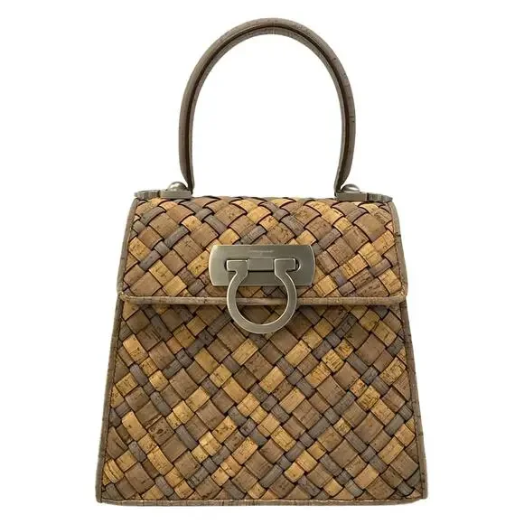 Salvatore Ferragamo Gancini Handbag Beige Gray Dark Brown