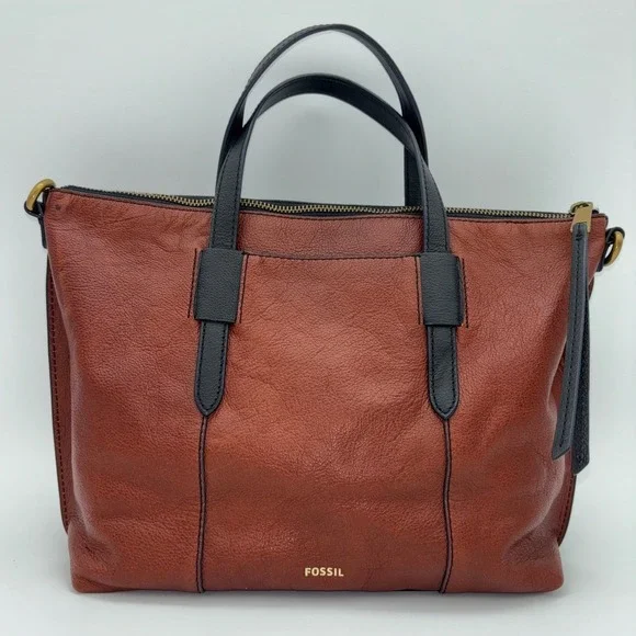 FOSSIL Satchel Brown Leather Handbag Bag‎ Black Suede Skylar RARE Brass Y2K