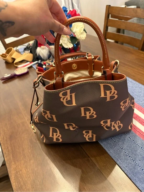 Dooney & Bourke Brown Logo Satchel with Tan Handles