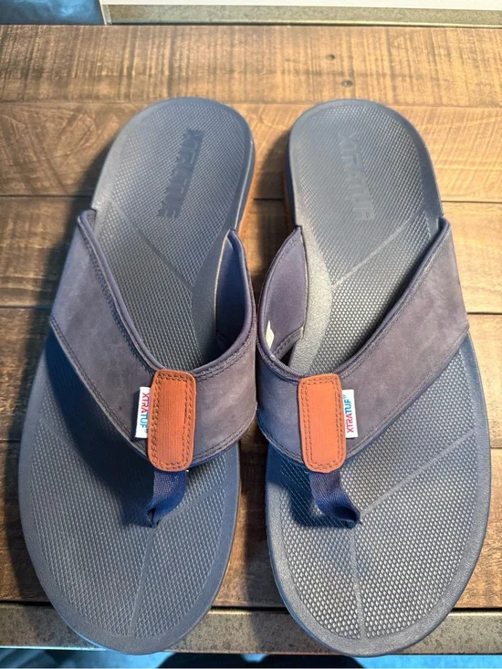Xtratuf Men's Navy Blue Suede Flip Sandals with Brown Accent