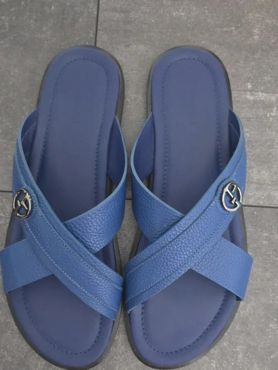GIORGIO ARMANI - Blue Crisscross Slide Sandals with Silver Logo Accent