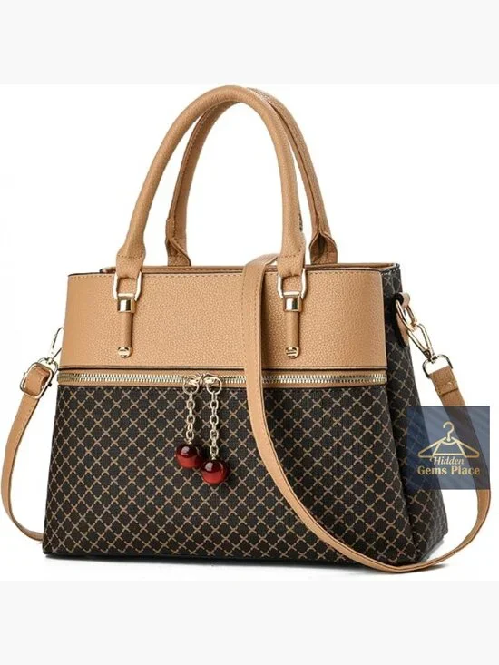 3 Zip Compartments Trendy Leather Tote Bag Shoulder Satchel Purse