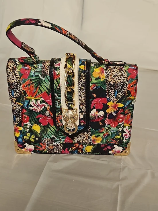 Tropical Floral Leopard Print Top-Handle Satchel - Multicolor
