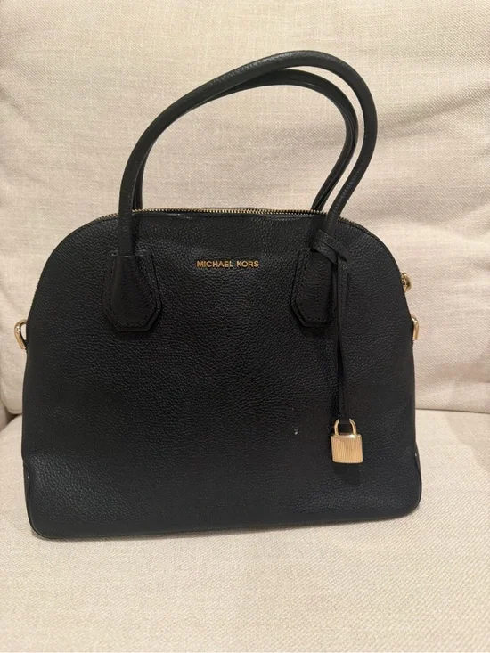 Michael Kors Black Leather Dome Satchel with Gold Hardware