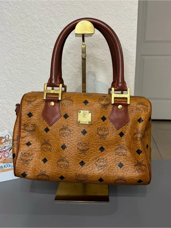 MCM Cognac Visetos Boston Satchel with Dark Brown Handles