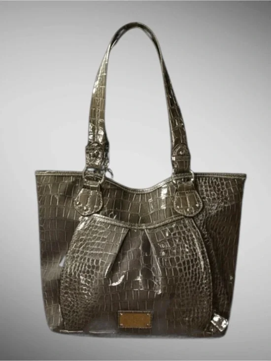 Nine West Croc Embossed Patent Tote Shoulder Bag Brown Glossy Faux Leather