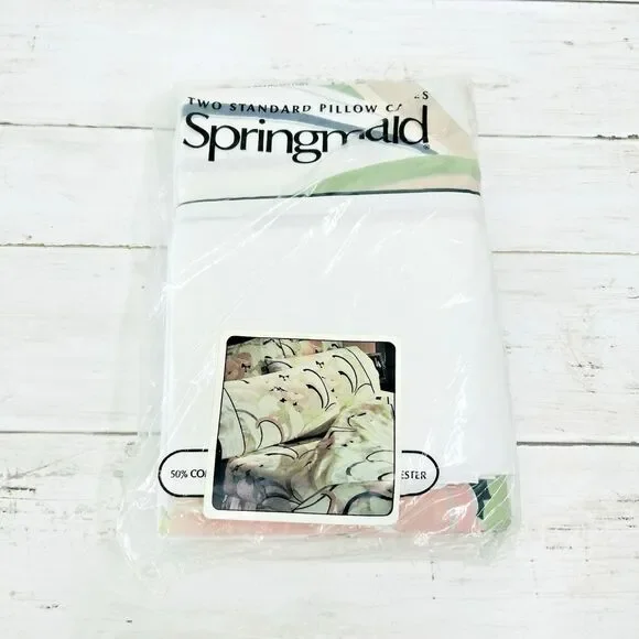 Vtg Springmaid ANASTASIA Pillowcases Pair Standard Pink Floral Andre Richard NOS