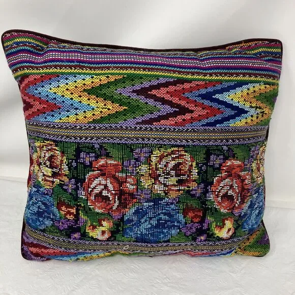 Floral Needlepoint Throw Pillow Rose Zig Zag Stripe cottagecore grannycore VTG