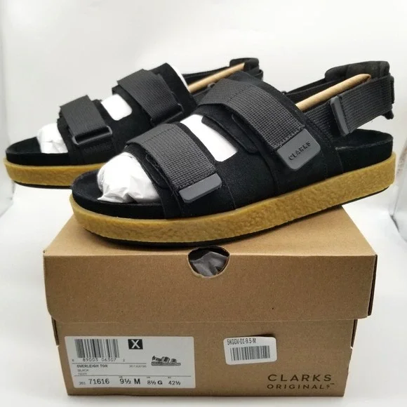 Clarks Men Overleigh Tor Sandals Sz 9.5 Black‎ Suede Summer Adjustable Straps