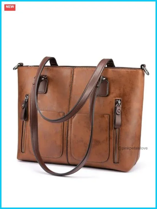 Large Faux Leather Shoulder Tote Bag Multi-Pockets Work Satchel