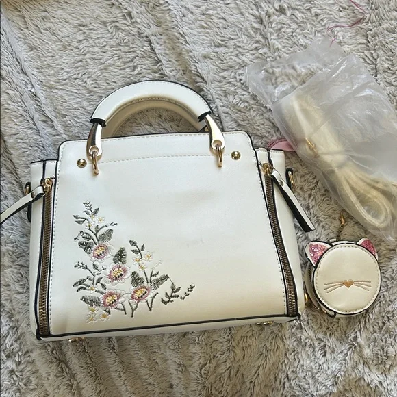 Cream Floral Embroidered Structured Satchel Crossbody Bag Cat Coin Purse Charm