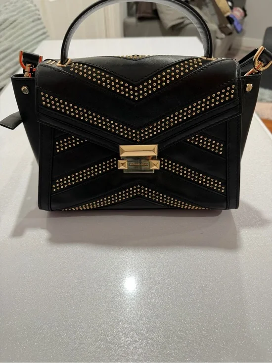 Michael Kors Black Leather Satchel with Gold Stud Accents