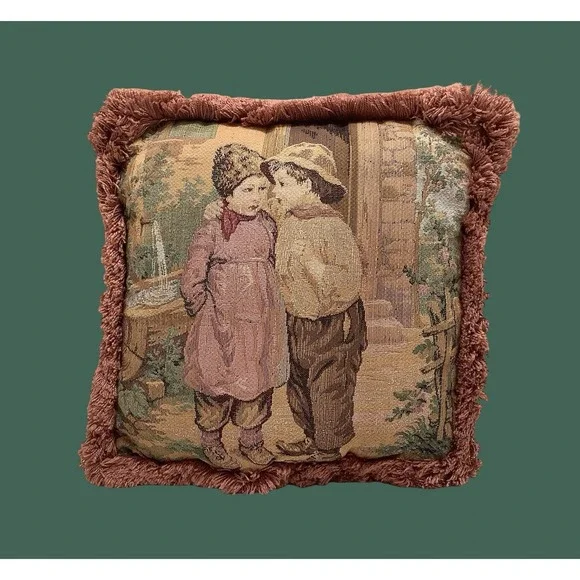 Vintage Pink Needlepoint Pillow Children Puppy Love 9x9 Romantic Shabby Chic