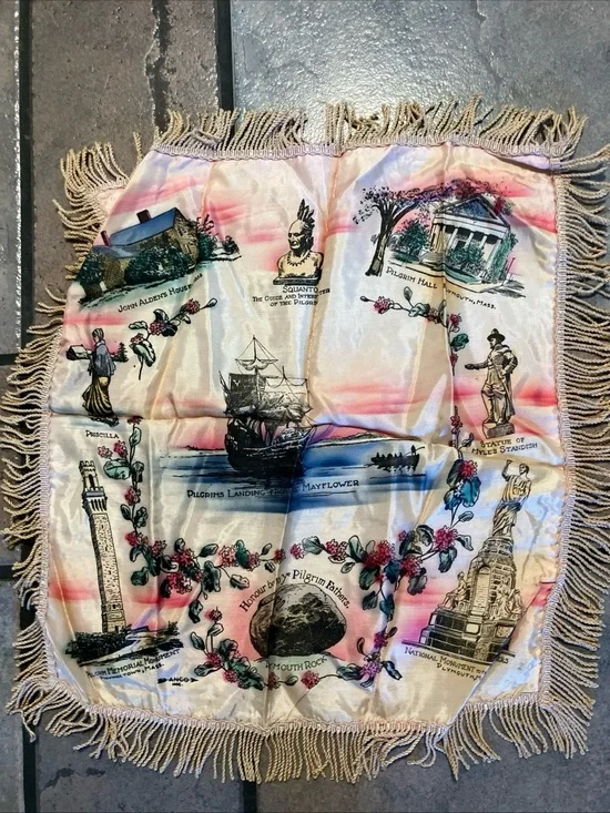 Vintage Plymouth Souvenir Fringe pillow case- Pink, Blue, Cream